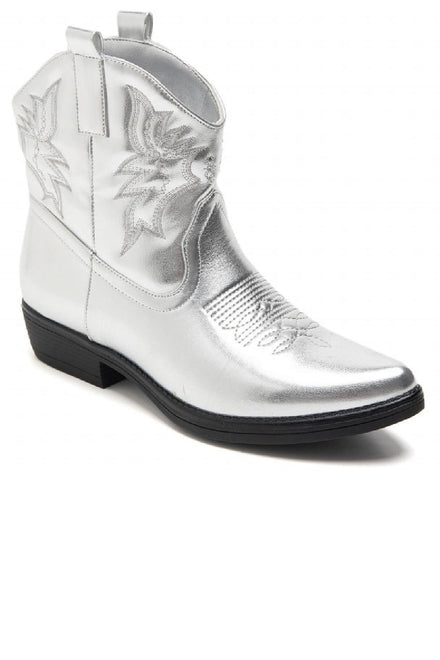 SILVER COWBOY BOOTS EMBROIDED FLAT WESTERN ANKLE BOOTS