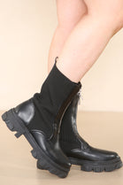 Black PU Knitted Leg Zip Up Calf Boots