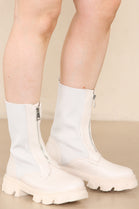 Cream PU Knitted Leg Zip Up Calf Boots