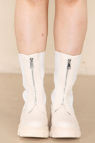 Cream PU Knitted Leg Zip Up Calf Boots