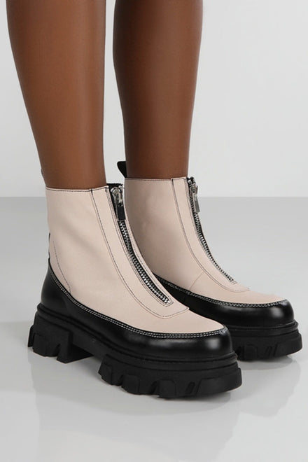 Cream PU Front Zip Chunky Ankle Boots