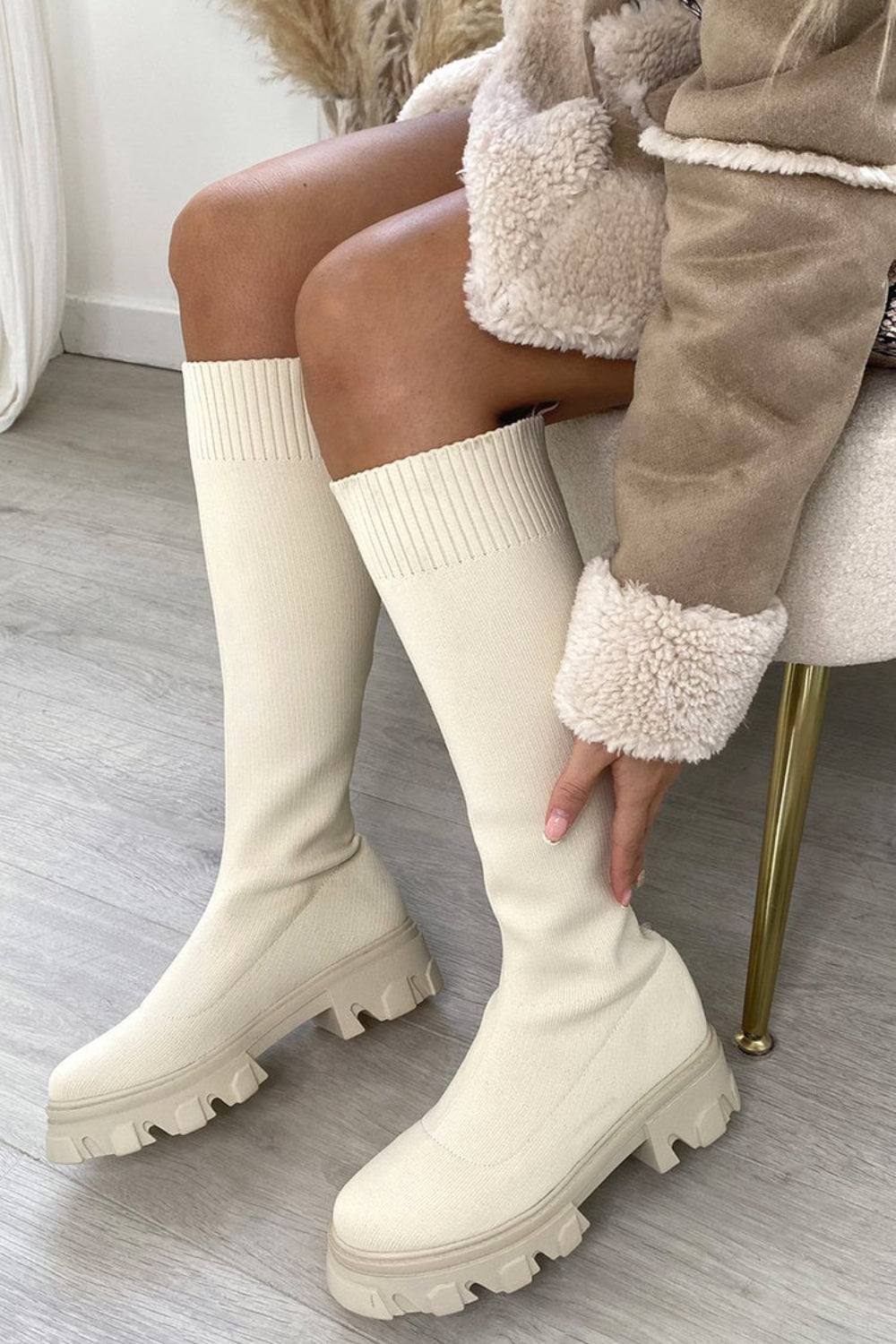 BEIGE CHUNKY SOLE CALF BOOT WITH KNITTED SOCK