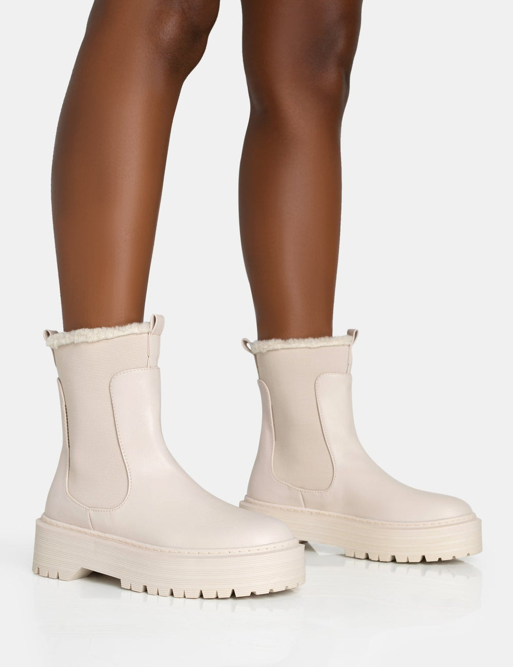 CREAM PU FAUX FUR TRIM ELASTICATED ANKLE DETAIL CHUNKY ANKLE BOOTS