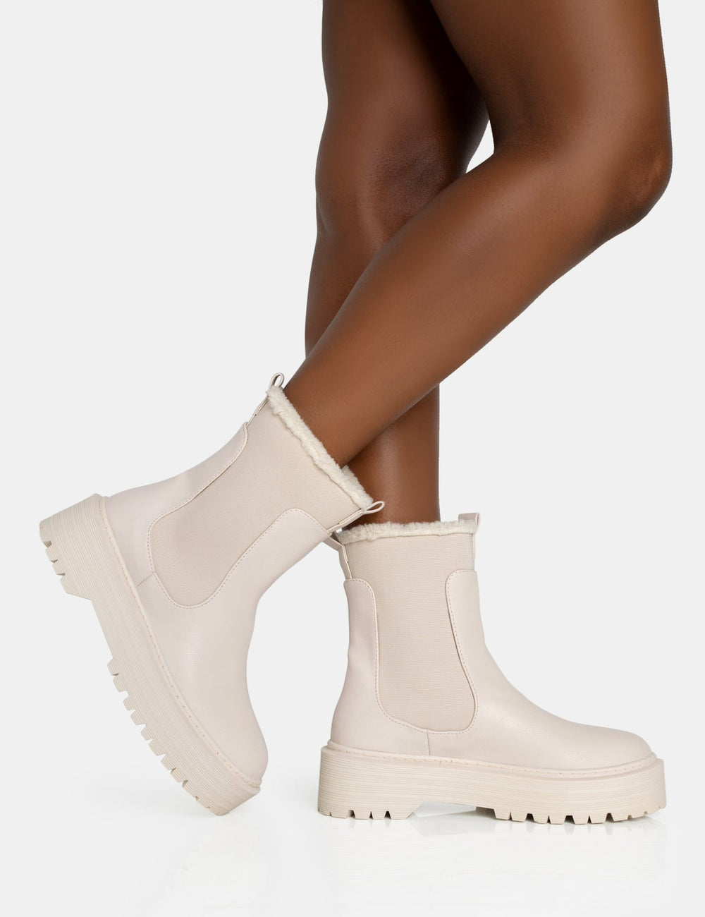 CREAM PU FAUX FUR TRIM ELASTICATED ANKLE DETAIL CHUNKY ANKLE BOOTS