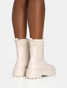 CREAM PU FAUX FUR TRIM ELASTICATED ANKLE DETAIL CHUNKY ANKLE BOOTS