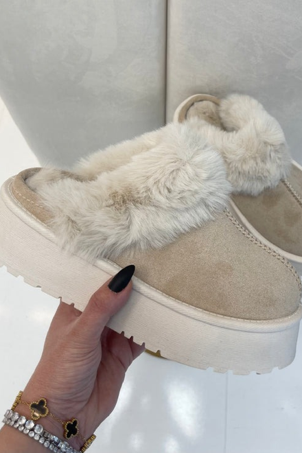 BEIGE PLATFORM MULE SLIPPER FAUX FUR FLUFFY SHOES