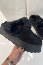 BLACK PLATFORM MULE SLIPPER FAUX FUR FLUFFY SHOES