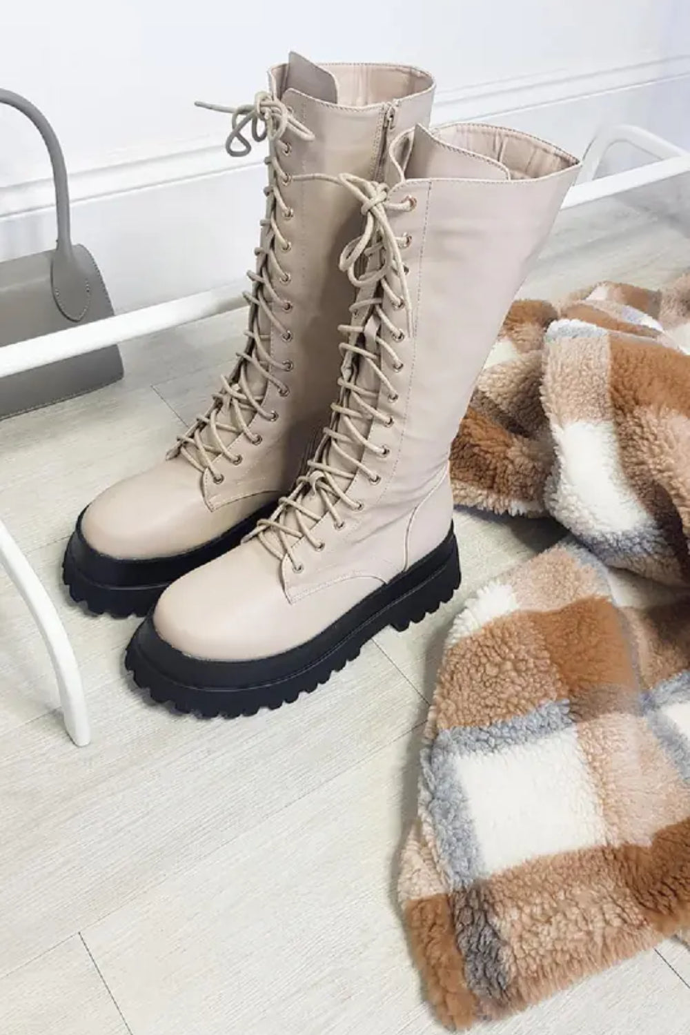 NUDE CHUNKY PLATFORM CALF BOOT WITH LACE UP FRONT