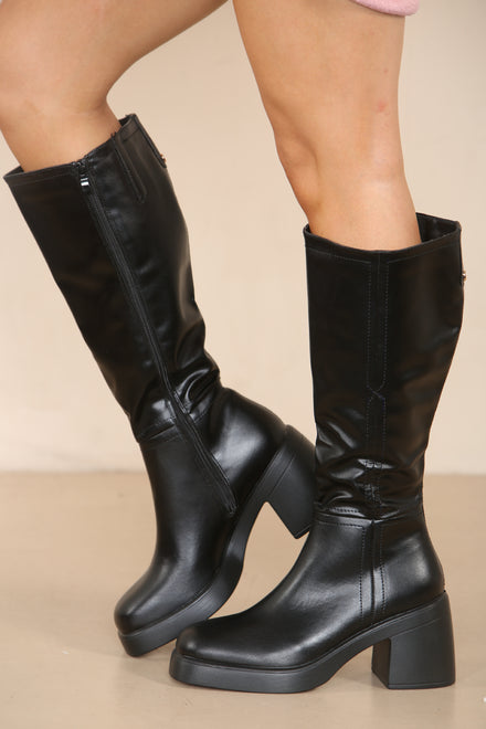 PREMIUM BLACK PU KNEE HIGH HEELED BOOT