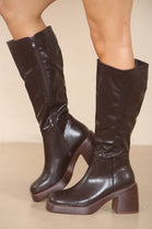 PREMIUM BROWN PU KNEE HIGH HEELED BOOT