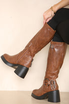 Brown PU Block Heel Calf High Buckle detail Square Toe Biker Boot