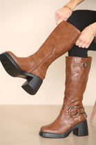 Brown PU Block Heel Calf High Buckle detail Square Toe Biker Boot