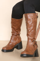 Brown PU Block Heel Calf High Buckle detail Square Toe Biker Boot