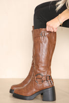 Brown PU Block Heel Calf High Buckle detail Square Toe Biker Boot