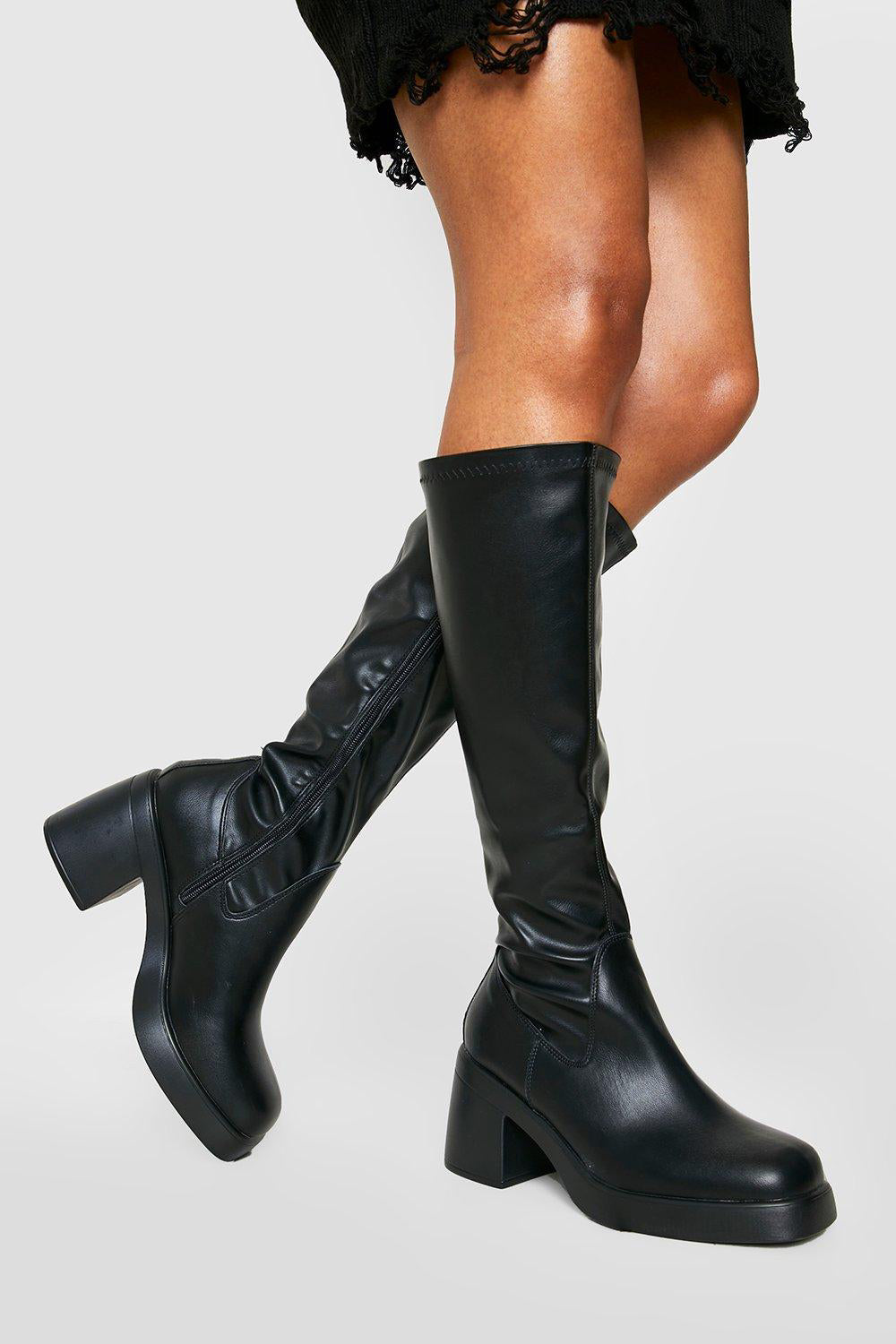 Black PU Block Heel Calf High Boots with Square Toe