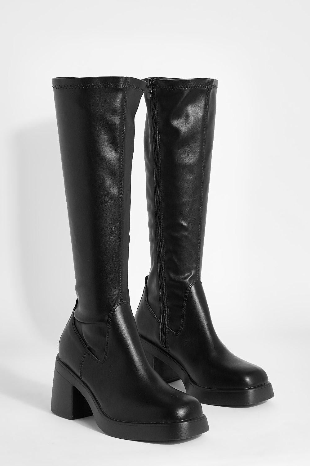 Black PU Block Heel Calf High Boots with Square Toe
