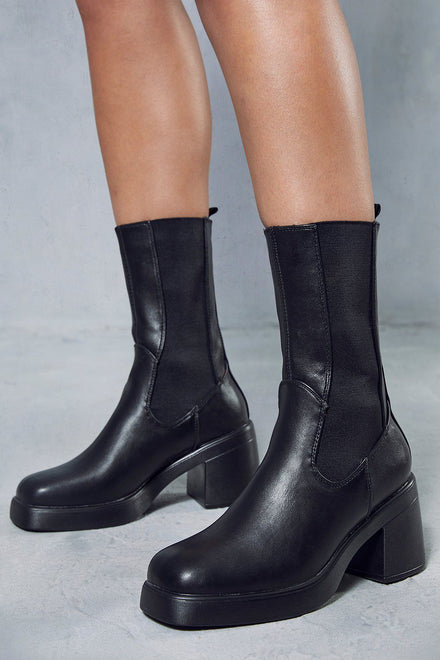 Black PU Block Heel Ankle High Boots with Square Toe