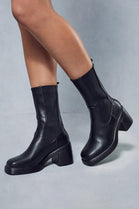 Black PU Block Heel Ankle High Boots with Square Toe