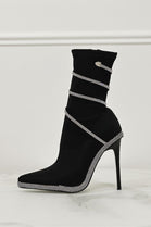 BLACK PREMIUM POINTED TOE STILETTO ANKLE BOOT WITH WRAP AROUND DETAIL