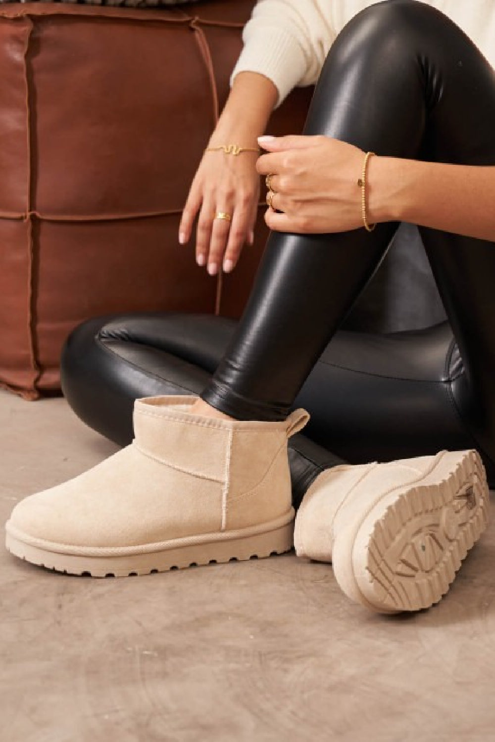 BEIGE FAUX SUEDE ULTRA MINI COZY SNOW ANKLE BOOTS