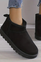 BLACK FAUX SUEDE ULTRA MINI COZY SNOW ANKLE BOOTS