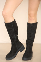 Black Suede Knee High Heeled Biker Boot