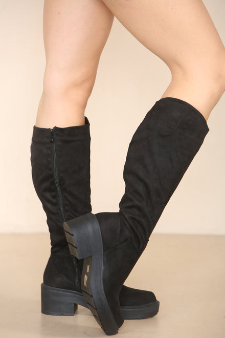 Black Suede Knee High Heeled Biker Boot