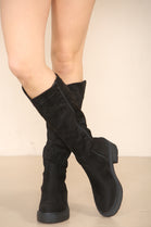 Black Suede Knee High Heeled Biker Boot