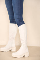 Cream PU Knee High Heeled Biker Boot