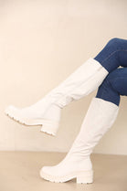 Cream PU Knee High Heeled Biker Boot