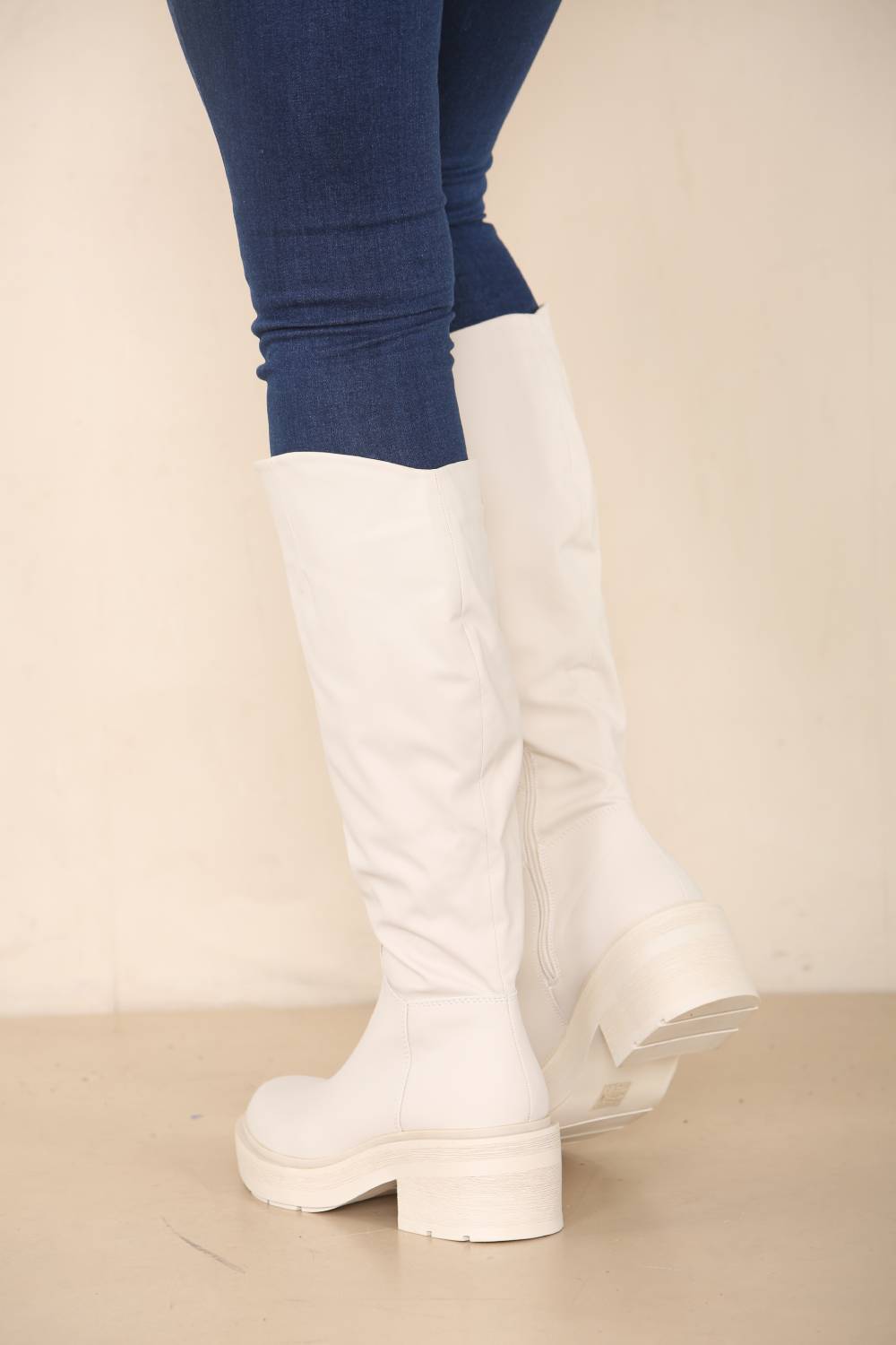 Cream PU Knee High Heeled Biker Boot