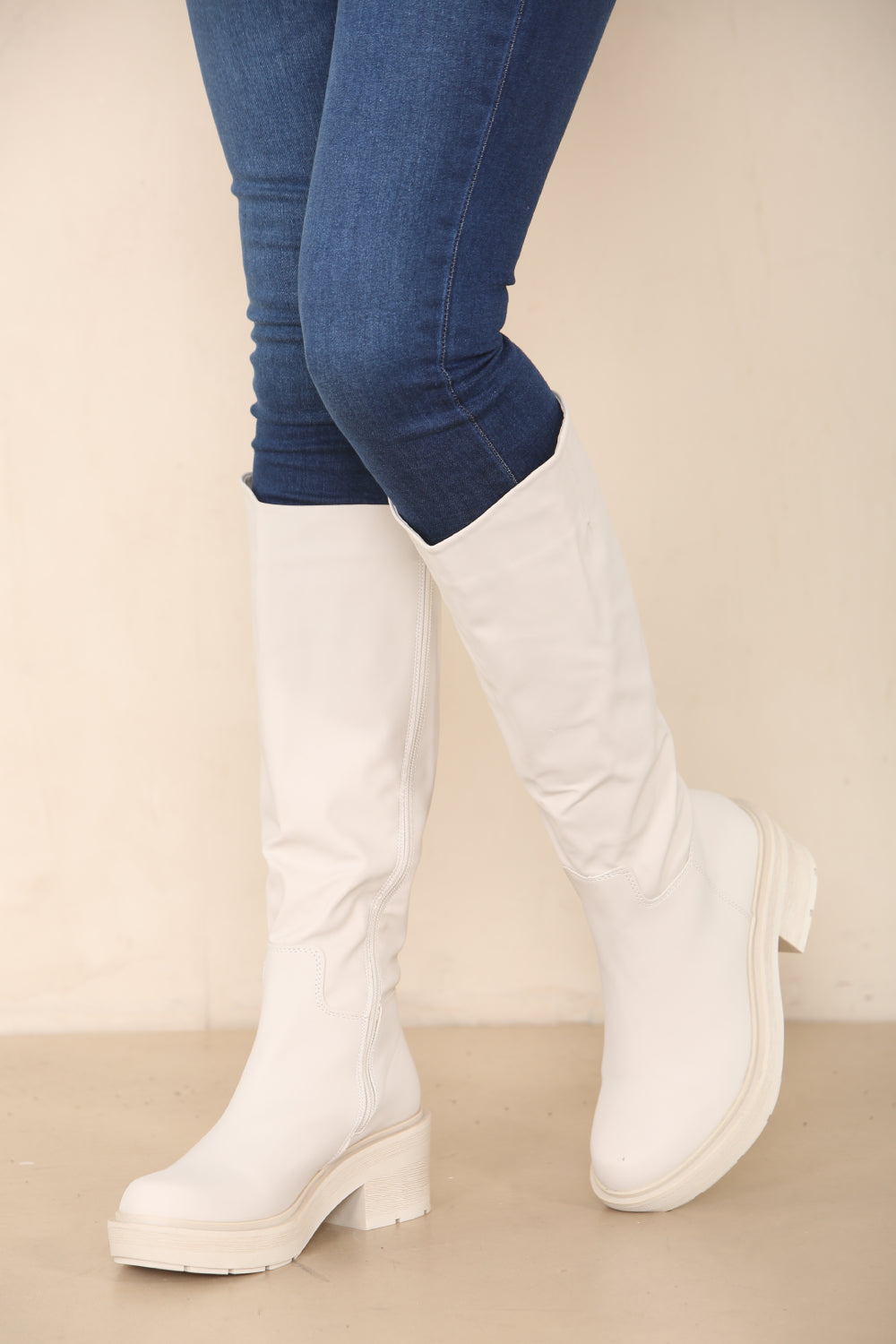 Cream PU Knee High Heeled Biker Boot