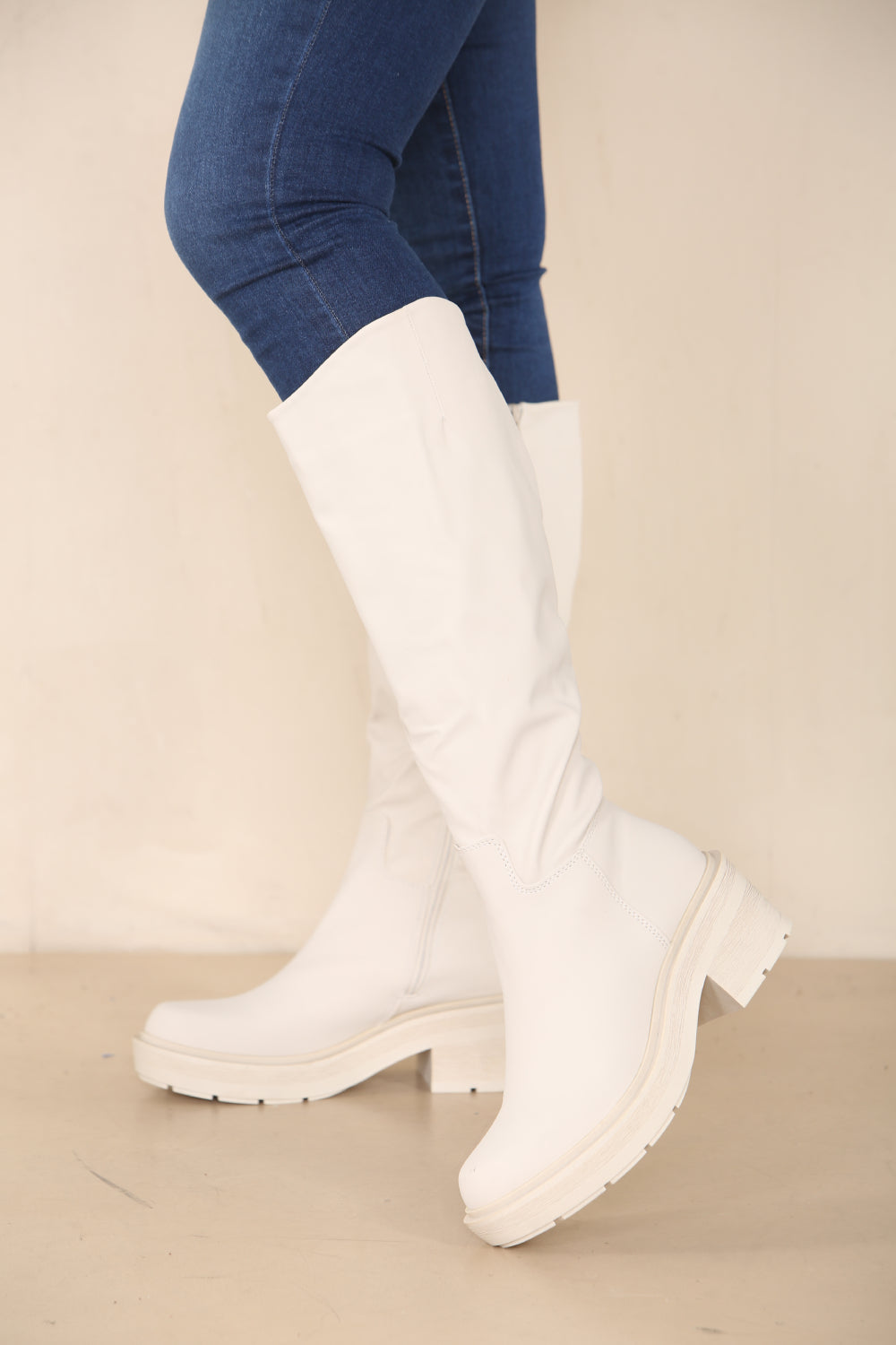 Cream PU Knee High Heeled Biker Boot