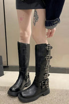 Black PU Multi Buckle Knee High Heeled Biker Boot