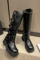 Black PU Multi Buckle Knee High Heeled Biker Boot