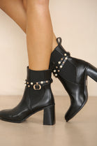 BLACK PU BLOCK HEEL ANKLE BOOTS WITH FAUX PEARL DETAIL