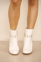 CREAM PU BLOCK HEEL ANKLE BOOTS WITH FAUX PEARL DETAIL