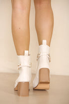 CREAM PU BLOCK HEEL ANKLE BOOTS WITH FAUX PEARL DETAIL