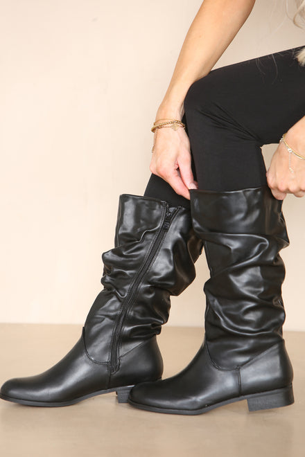 Black PU Ruched Calf Flat Boots