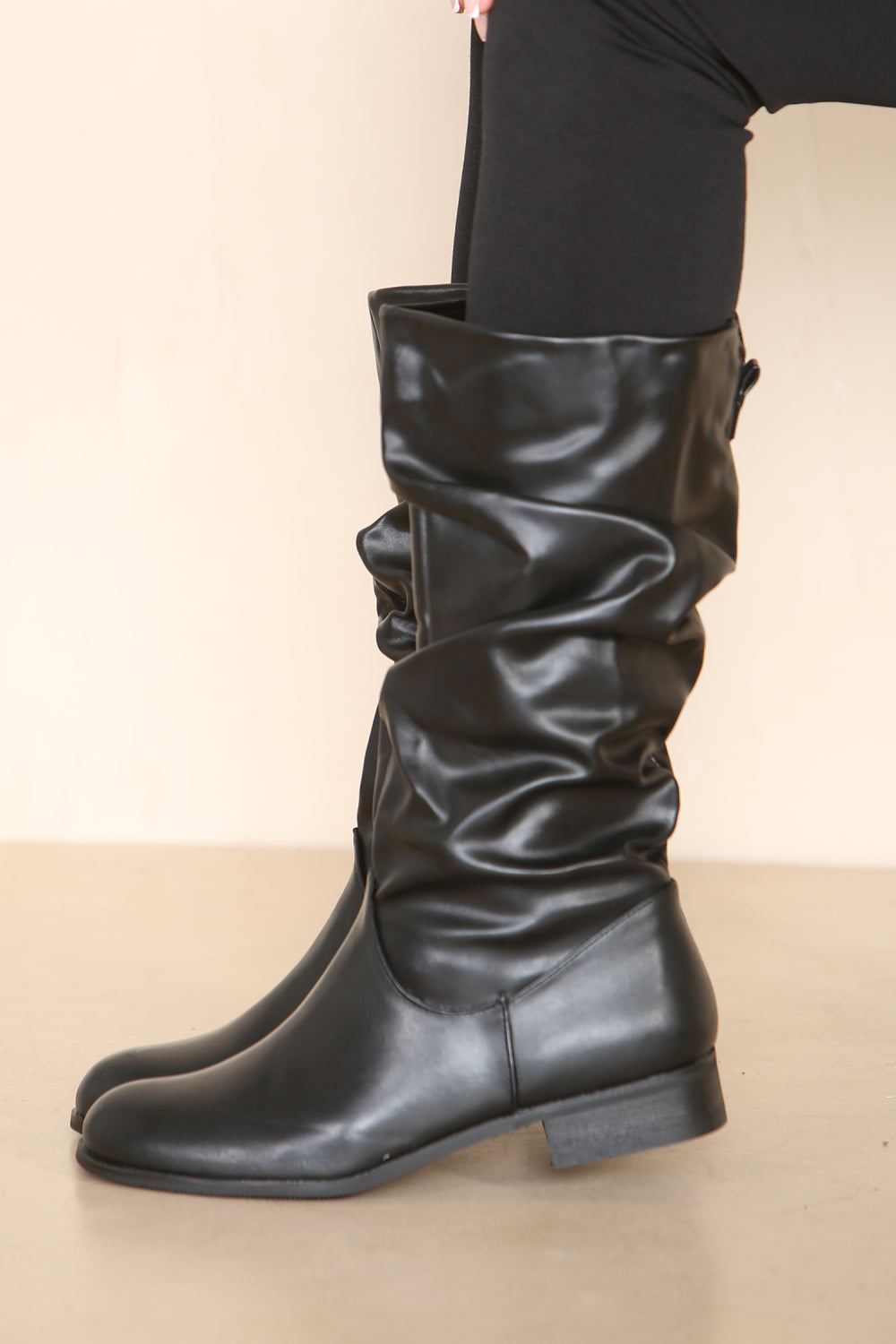 Black PU Ruched Calf Flat Boots