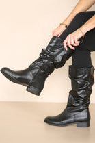 Black PU Ruched Calf Flat Boots