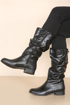 Black PU Ruched Calf Flat Boots