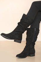 Black Suede Ruched Calf Flat Boots