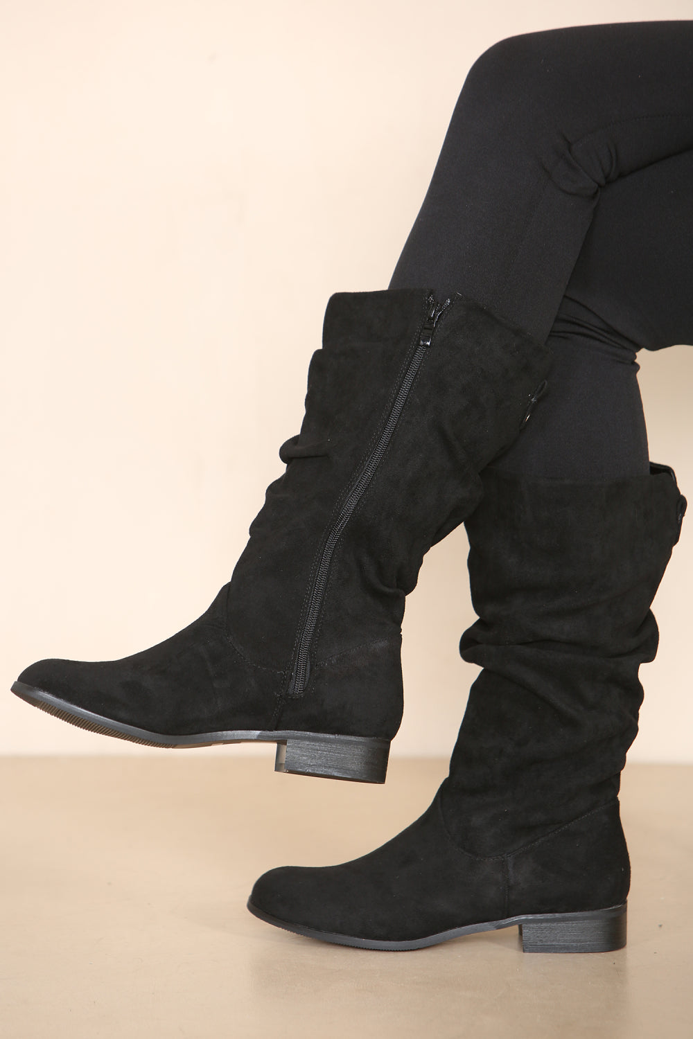 Black Suede Ruched Calf Flat Boots