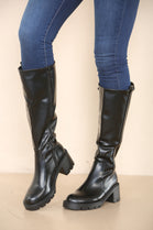 WOMENS MID-HEEL KNEE HIGH BIKER BOOT