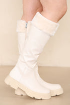 Cream Chunky Fur Collar Calf High Boots With Side Zip