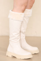 Cream Chunky Fur Collar Calf High Boots With Side Zip