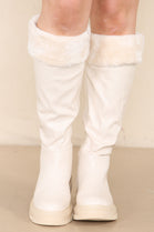 Cream Chunky Fur Collar Calf High Boots With Side Zip