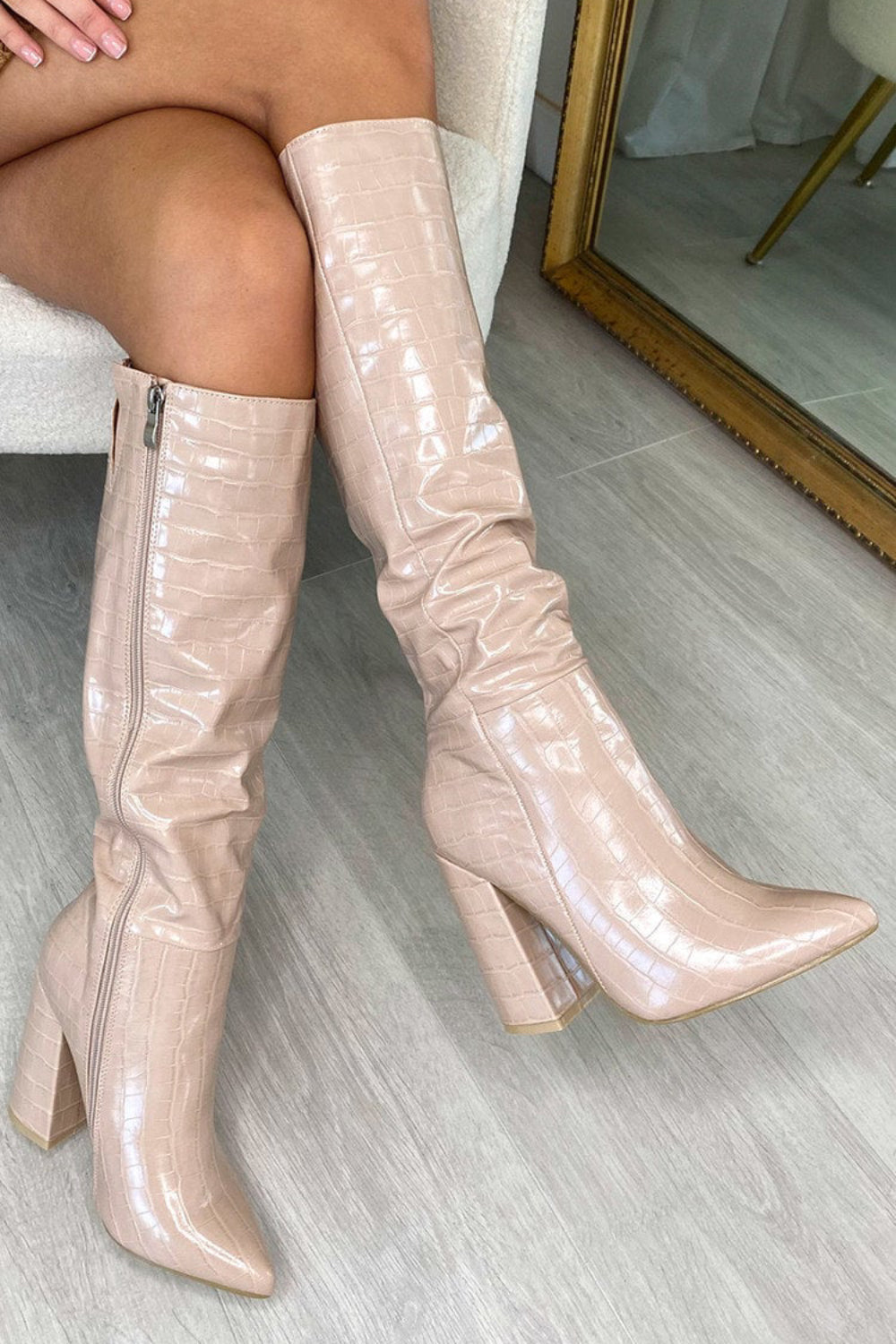 Nude Croc PU Block Heel Calf High Boots With Pointed Toe & Side Zip