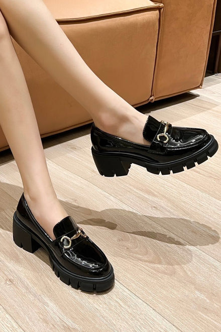 Women's Flatform Loafers in Black With Gold Trim Detail